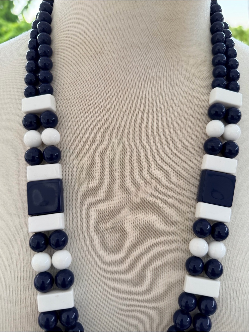 Nautical Palette Navy Blue and White Double-Strand Chunky Statement 29” Necklace - Picture 3 of 5